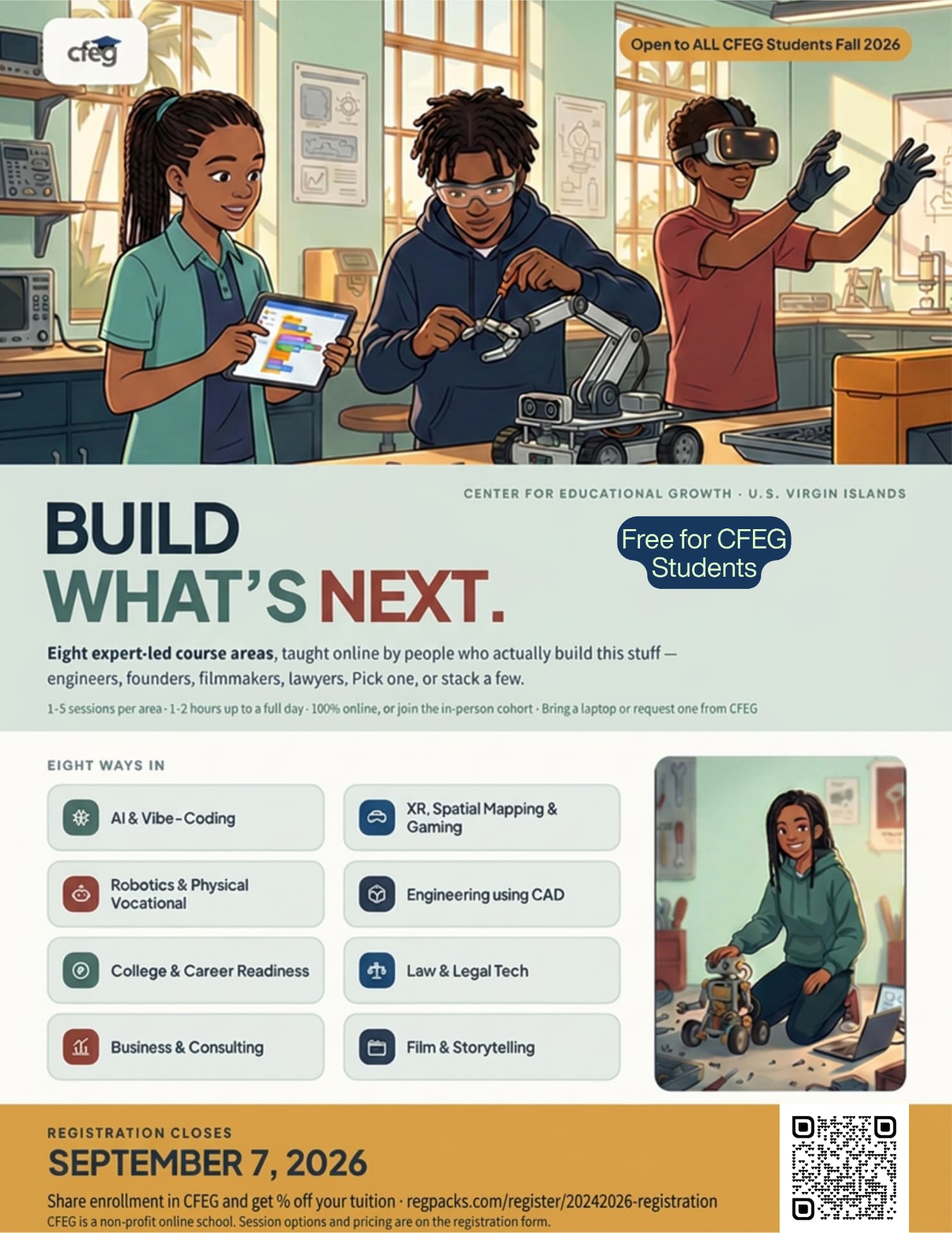 CFEG Fall 2026 flyer: Build what's next, eight expert-led course areas, registration closes September 7, 2026