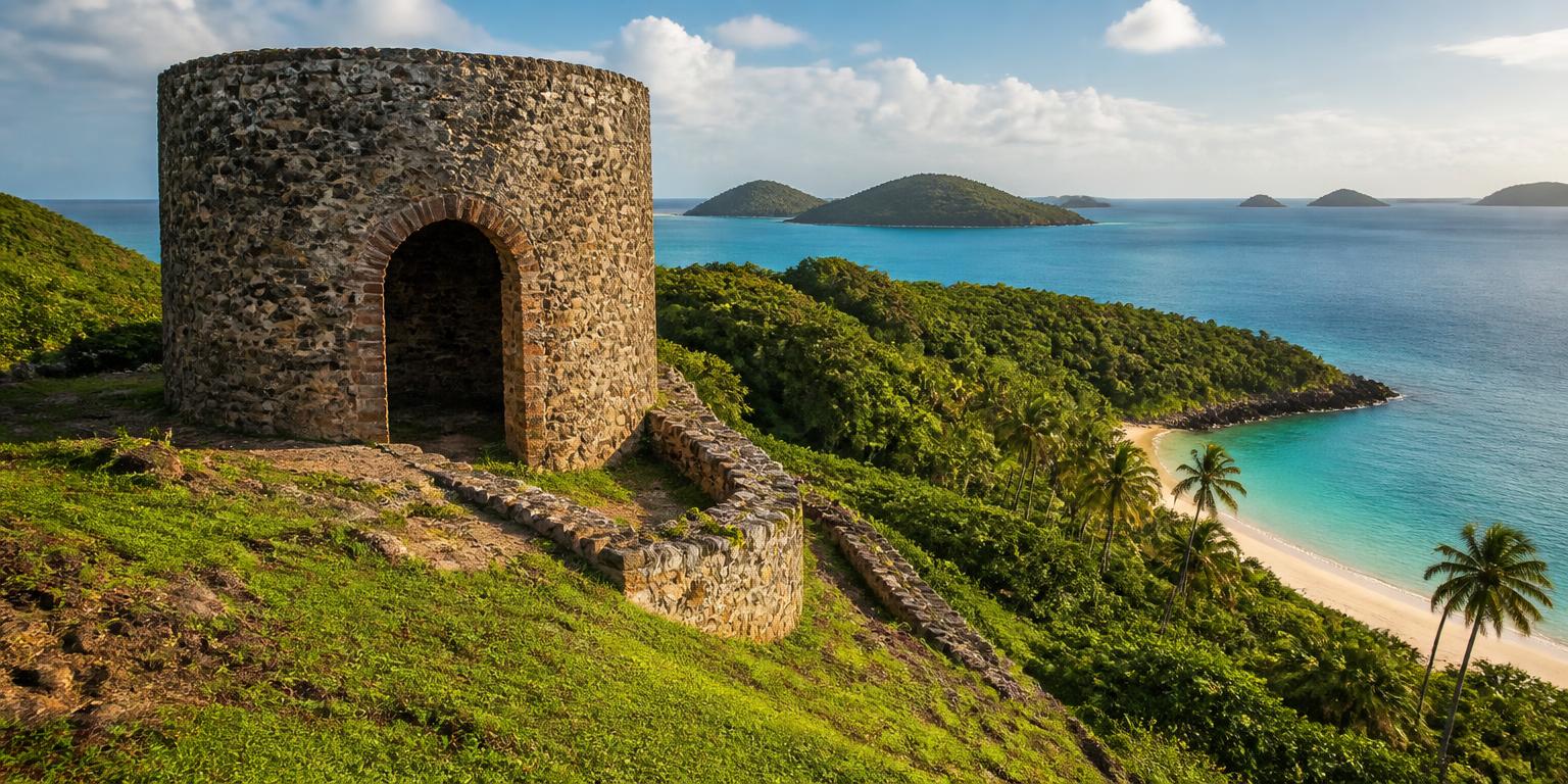 A historic Virgin Islands stone sugar mill above a turquoise Caribbean bay